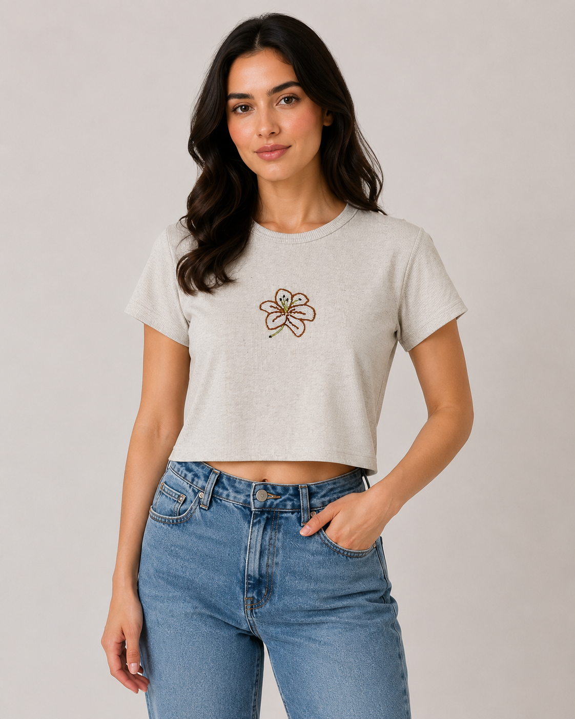 Women’s Embroidered Flower Crop Tee