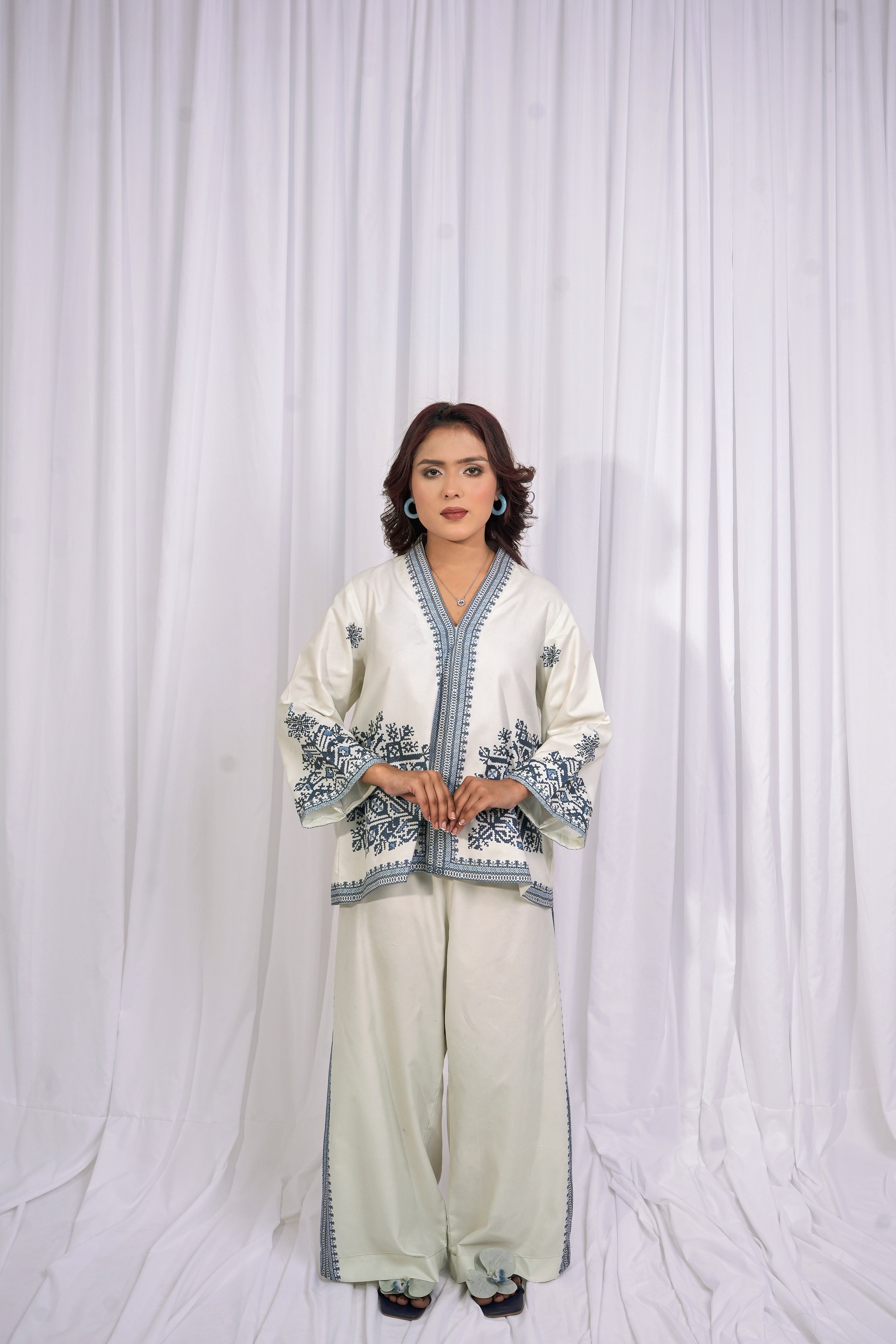 Printed Co-Ord Set – Off White & Blue